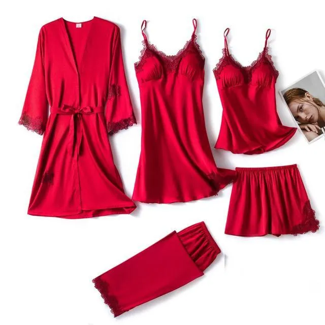 QIANTANG Women's 5PC Silk Robe Sleep Suit with Lace Satin Pajamas Gown Set and V-Neck