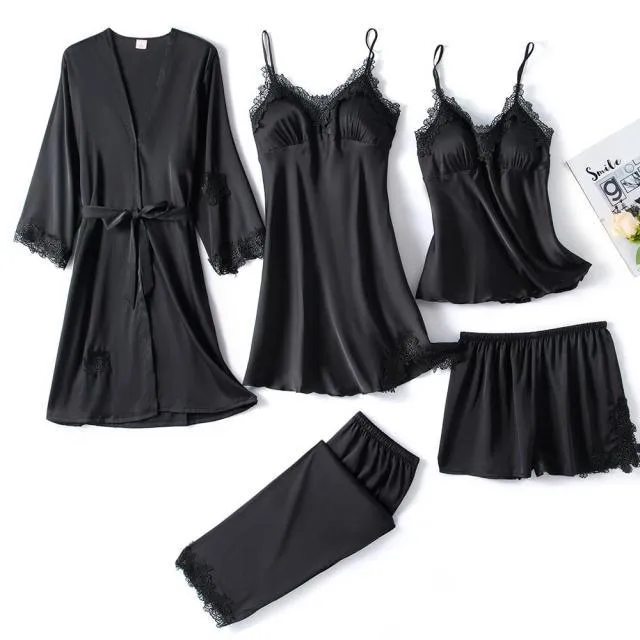 QIANTANG Women's 5PC Silk Robe Sleep Suit with Lace Satin Pajamas Gown Set and V-Neck