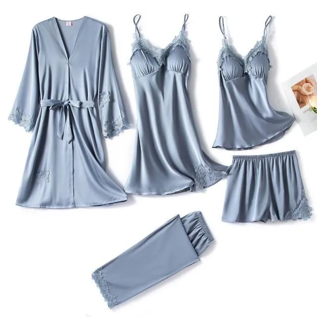 QIANTANG Women's 5PC Silk Robe Sleep Suit with Lace Satin Pajamas Gown Set and V-Neck