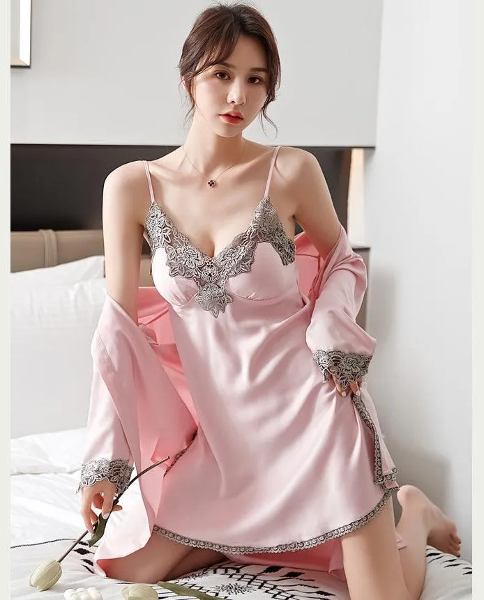 QIANTANG Women's 5PC Silk Robe Sleep Suit with Lace Satin Pajamas Gown Set and V-Neck
