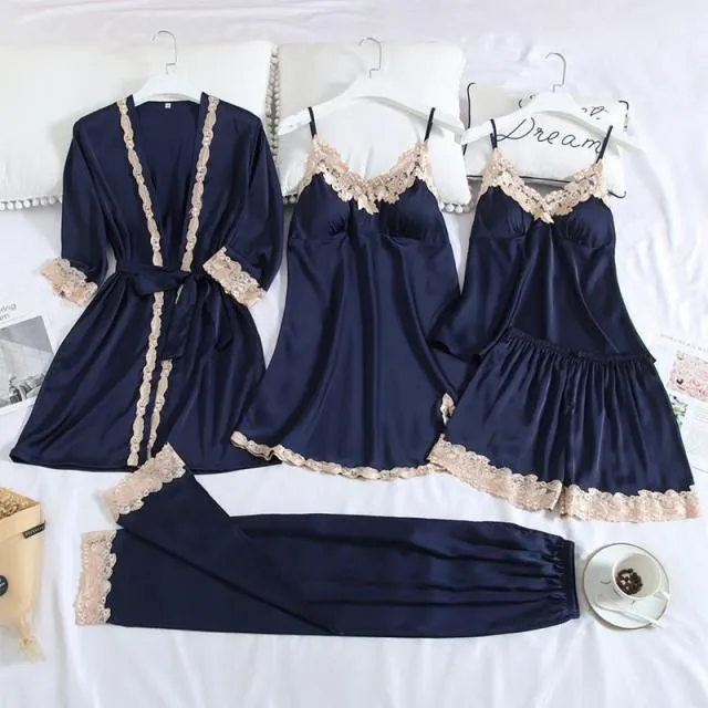 QIANTANG Women's 5PC Silk Robe Sleep Suit with Lace Satin Pajamas Gown Set and V-Neck