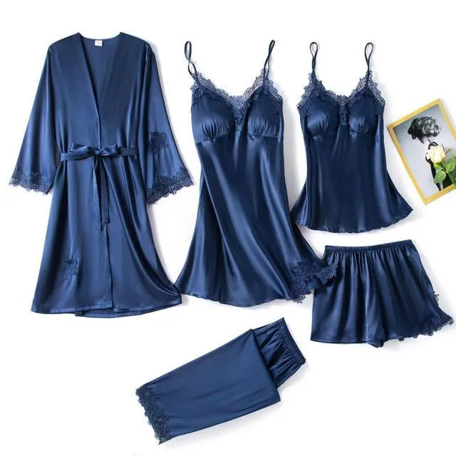 QIANTANG Women's 5PC Silk Robe Sleep Suit with Lace Satin Pajamas Gown Set and V-Neck