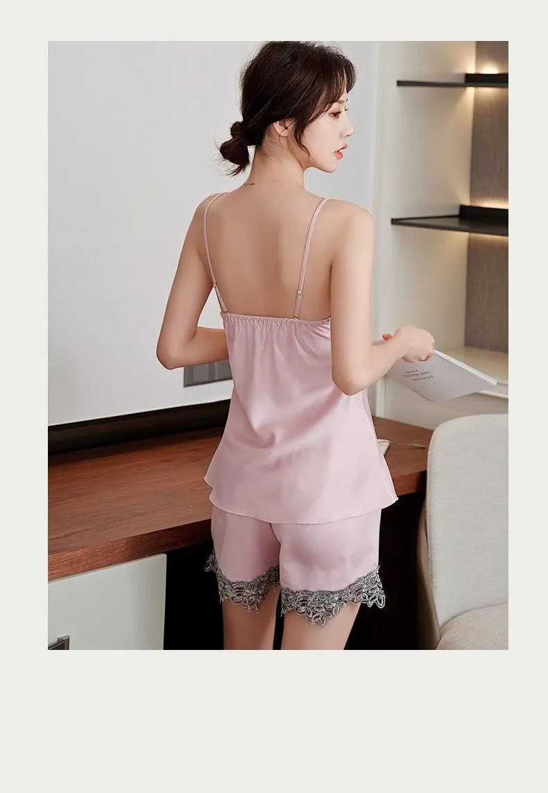 QIANTANG Women's 5PC Silk Robe Sleep Suit with Lace Satin Pajamas Gown Set and V-Neck