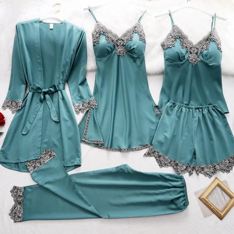 QIANTANG Women's 5PC Silk Robe Sleep Suit with Lace Satin Pajamas Gown Set and V-Neck