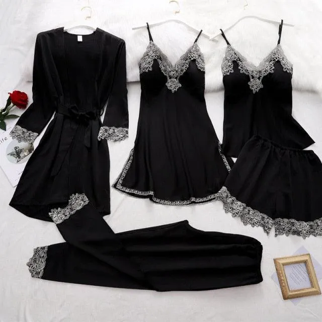 QIANTANG Women's 5PC Silk Robe Sleep Suit with Lace Satin Pajamas Gown Set and V-Neck
