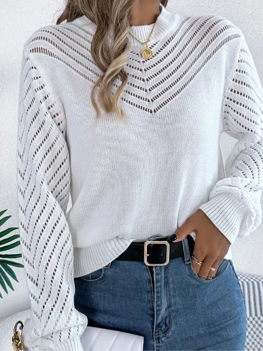Quinn Openwork Round Neck Long Sleeve Knit Top