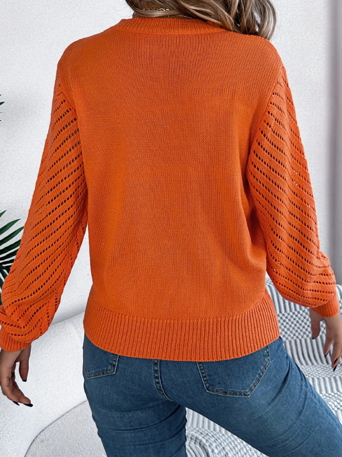 Quinn Openwork Round Neck Long Sleeve Knit Top