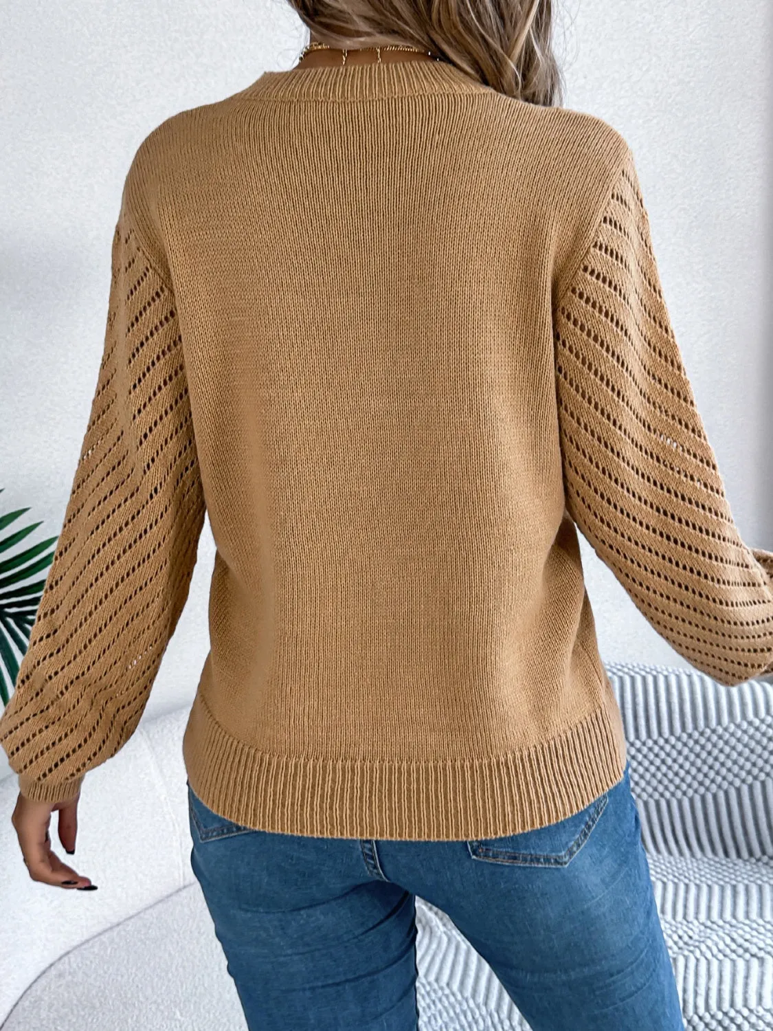 Quinn Openwork Round Neck Long Sleeve Knit Top