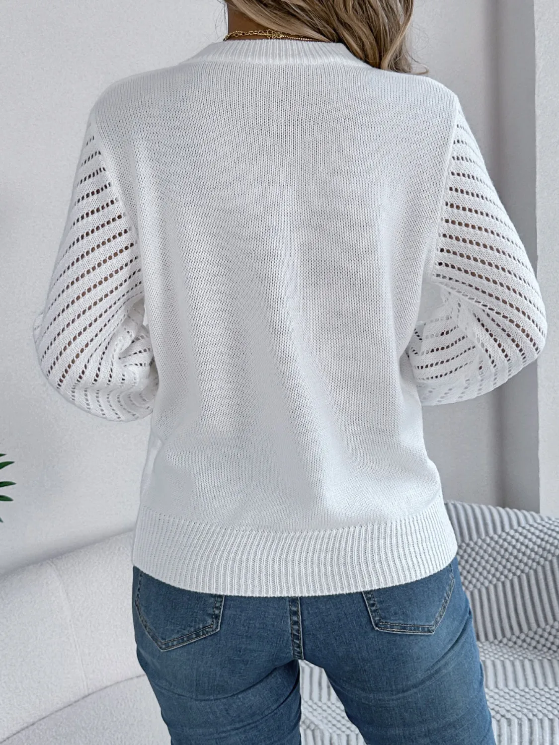 Quinn Openwork Round Neck Long Sleeve Knit Top