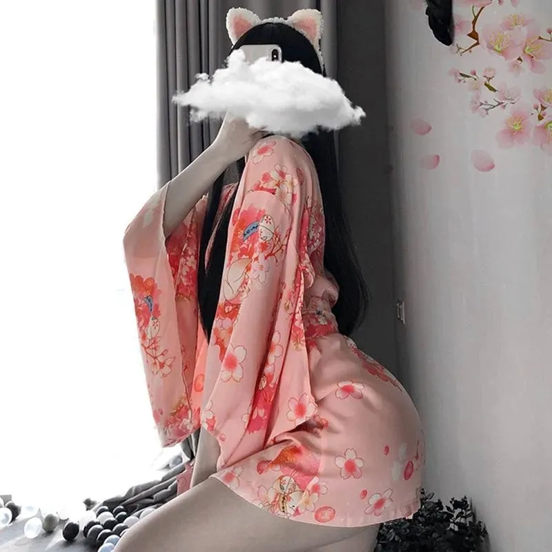 "Sakura Floral Vintage Print" Japanese Kimono Lingerie Y042118