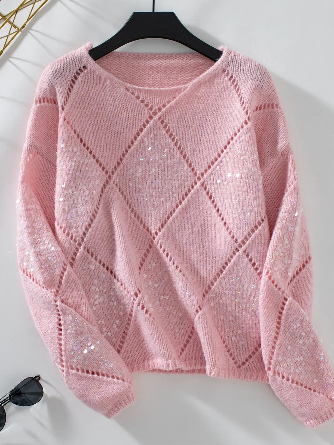 Ramsey Openwork Round Neck Long Sleeve Knit Top