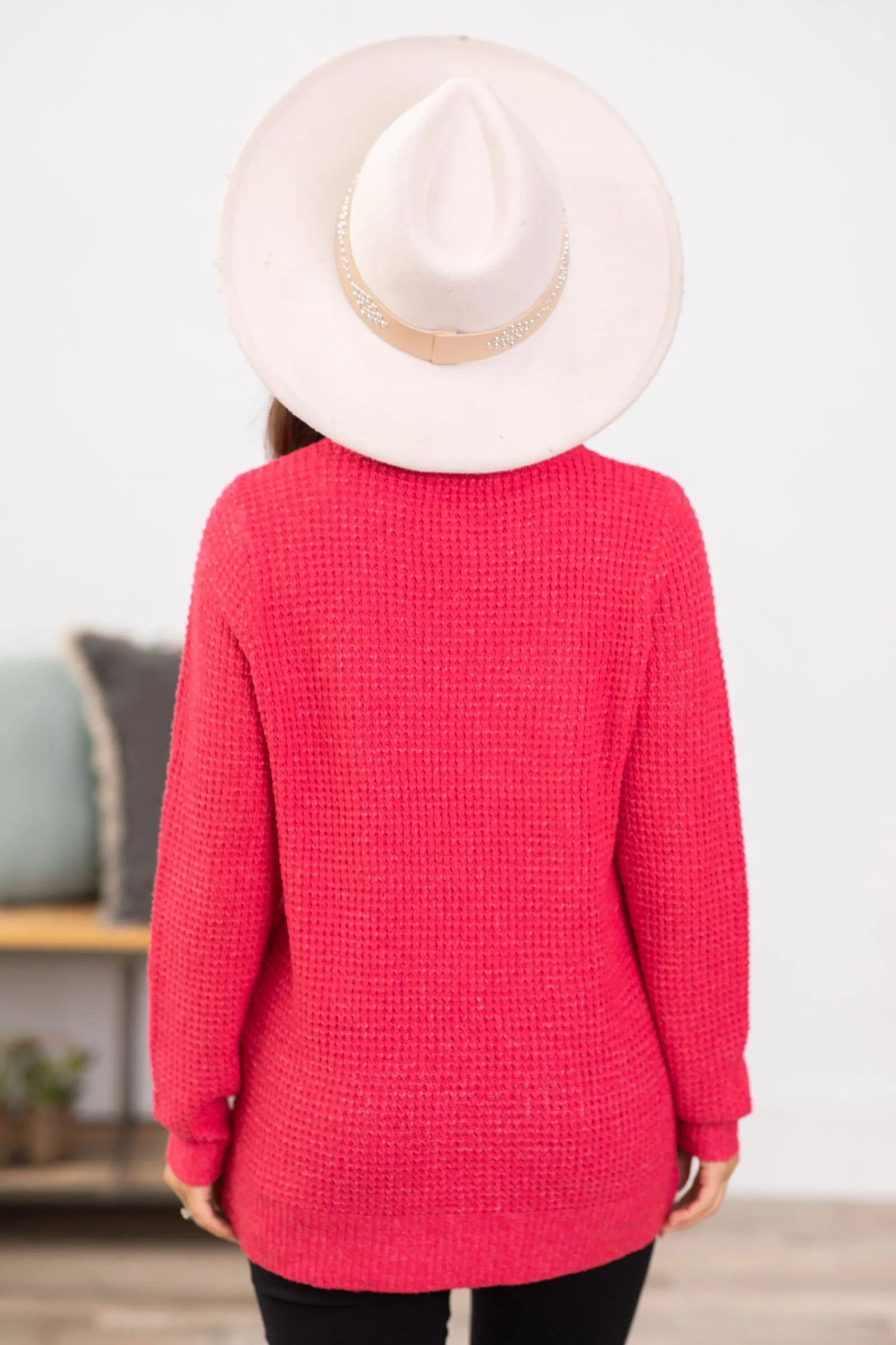 Raspberry Waffle Knit Round Neck Sweater