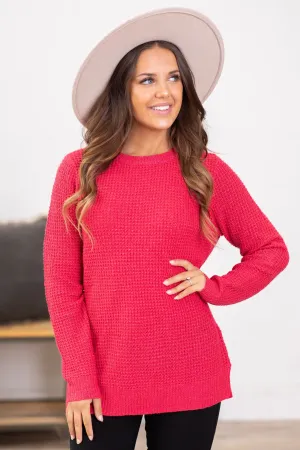 Raspberry Waffle Knit Round Neck Sweater