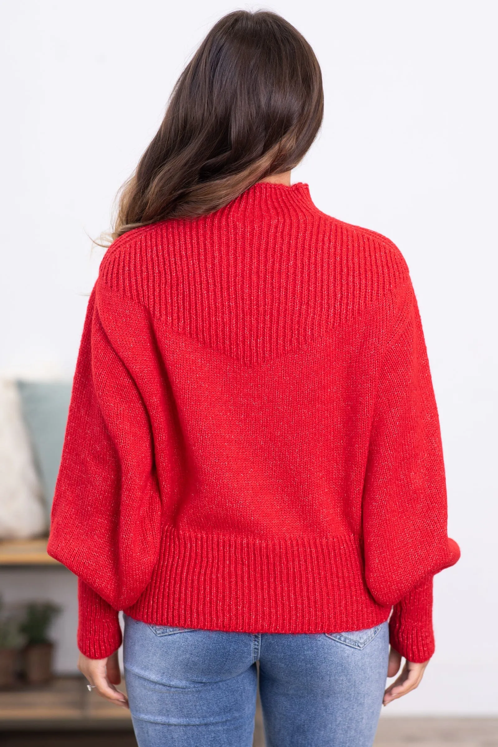 Red Balloon Sleeve Mock Neck Sweater