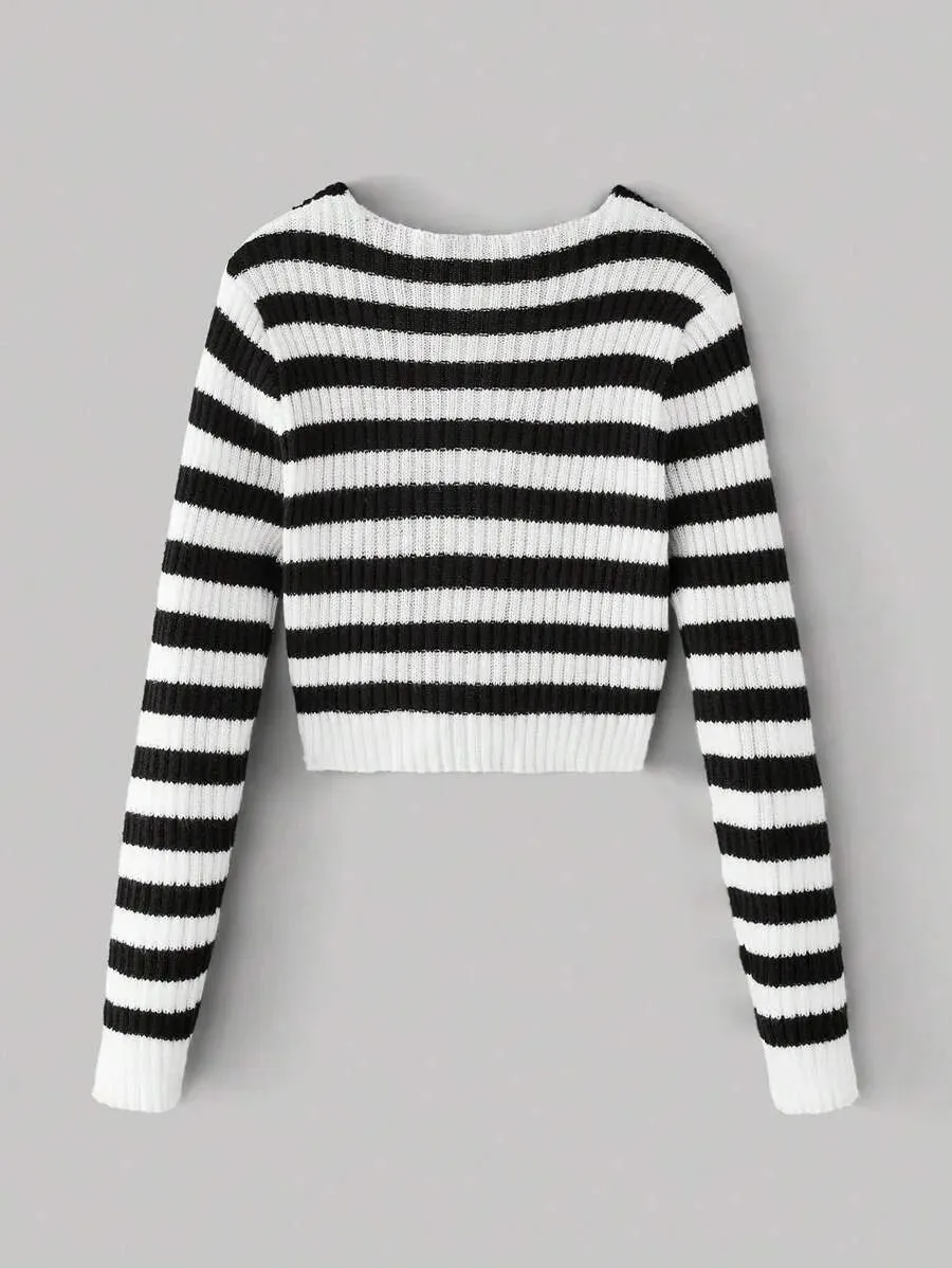 Rina Striped Cropped Knit Cardigan in Black