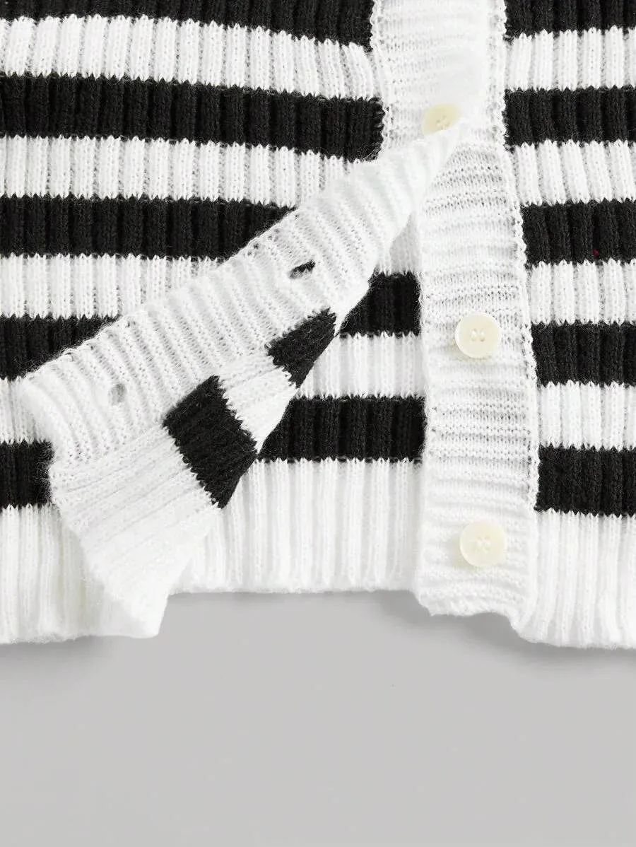 Rina Striped Cropped Knit Cardigan in Black