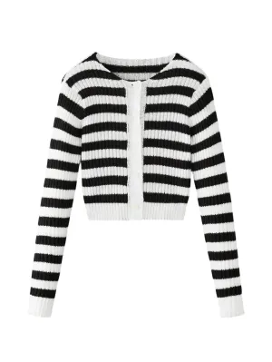 Rina Striped Cropped Knit Cardigan in Black
