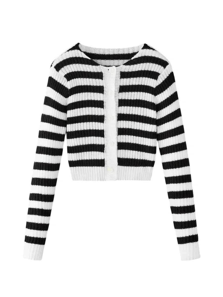Rina Striped Cropped Knit Cardigan in Black