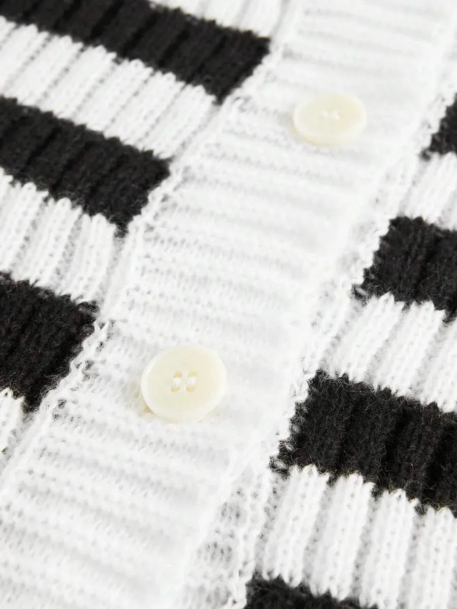 Rina Striped Cropped Knit Cardigan in Black