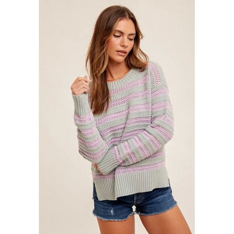 Round Neck High Slit Sides Hole-Knit Sweater