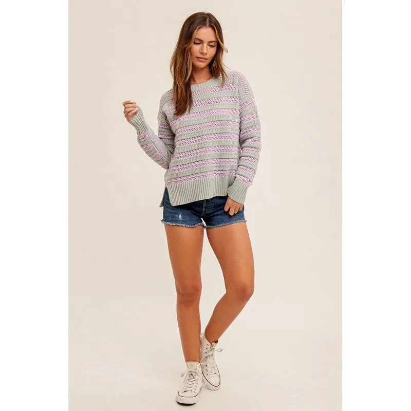 Round Neck High Slit Sides Hole-Knit Sweater