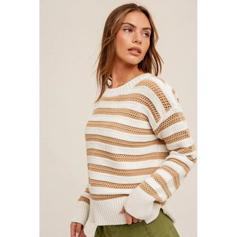 Round Neck High Slit Sides Hole-Knit Sweater