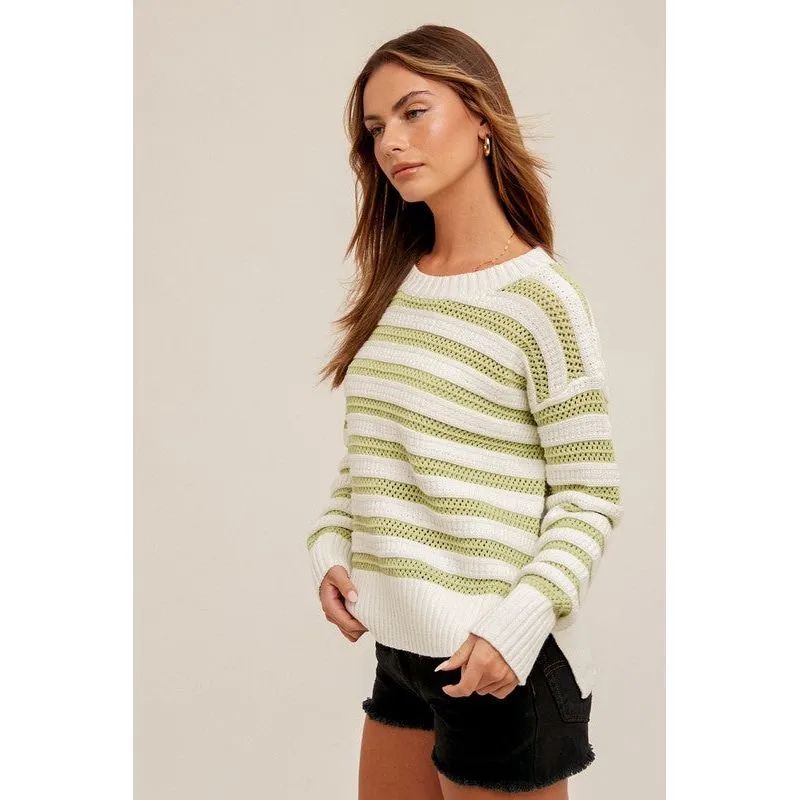 Round Neck High Slit Sides Hole-Knit Sweater