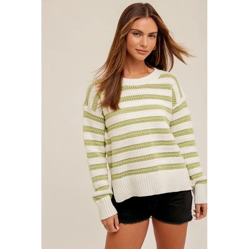 Round Neck High Slit Sides Hole-Knit Sweater