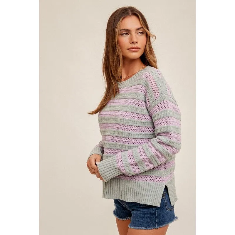Round Neck High Slit Sides Hole-Knit Sweater
