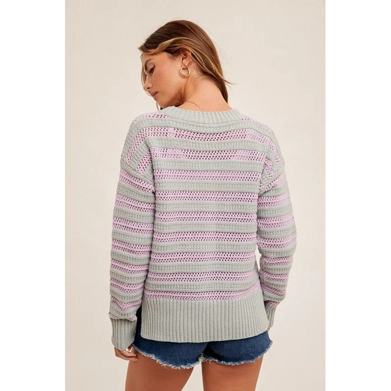 Round Neck High Slit Sides Hole-Knit Sweater