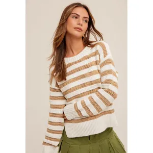 Round Neck High Slit Sides Hole-Knit Sweater