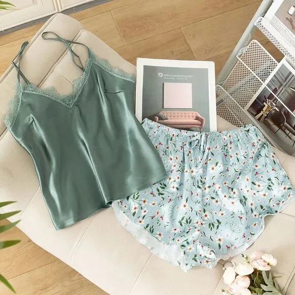 Satin Floral Print Two Piece Pajama Set