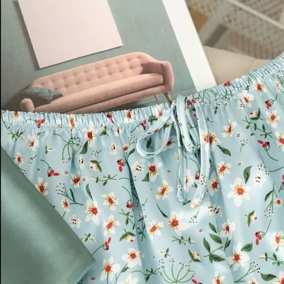 Satin Floral Print Two Piece Pajama Set