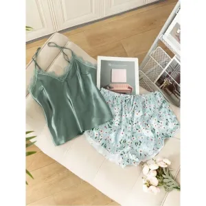 Satin Floral Print Two Piece Pajama Set