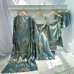 Satin Pajama Lingerie Set of 4 Pieces Robe Slip Cami Top Shorts SZ M✨🔥🔥🔥
