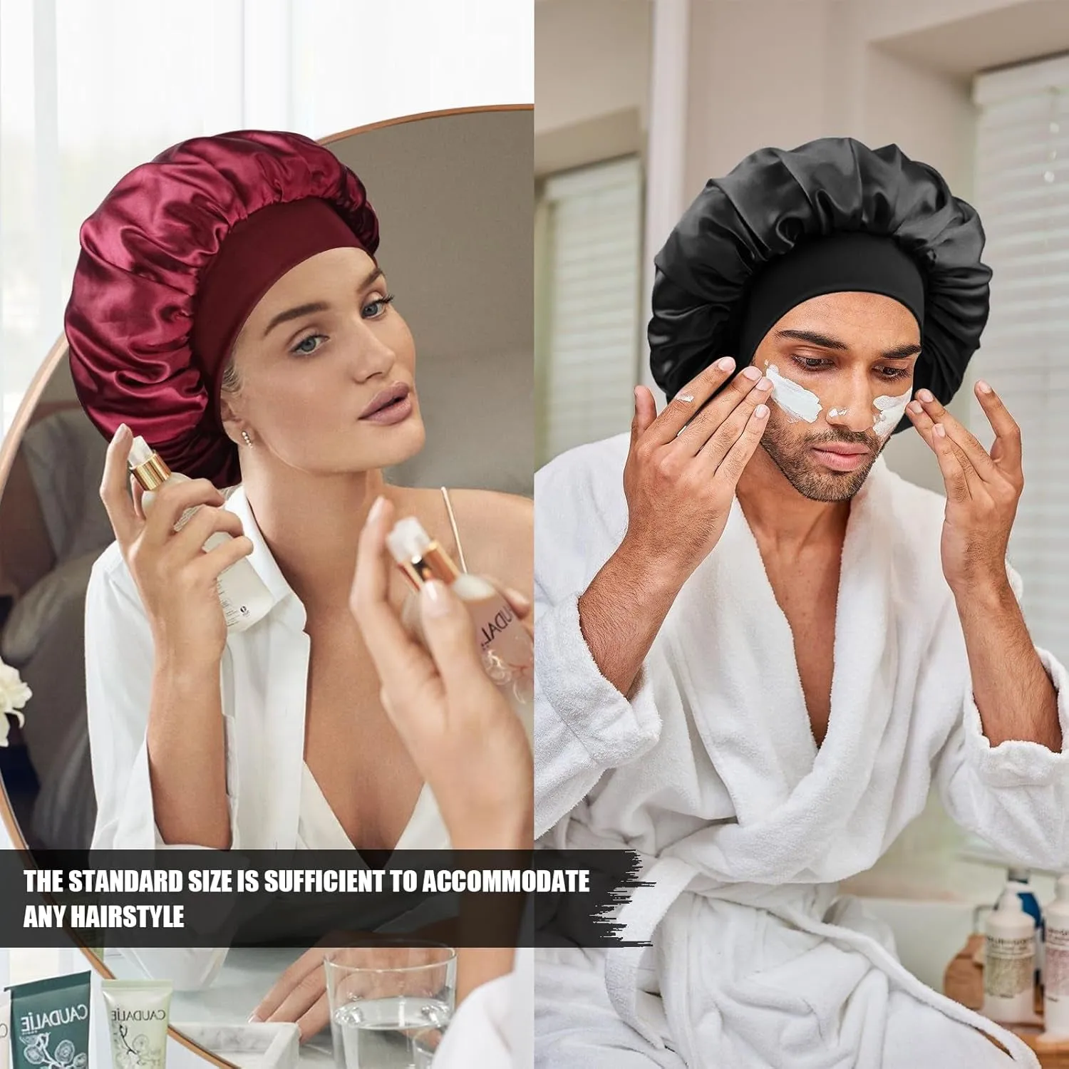Satin Silk Bonnet for Sleeping, Double Layer Silk Sleep Cap for Men & Women, Soft Satin Lined Bonnet for Natural & Curly Hair(Black)