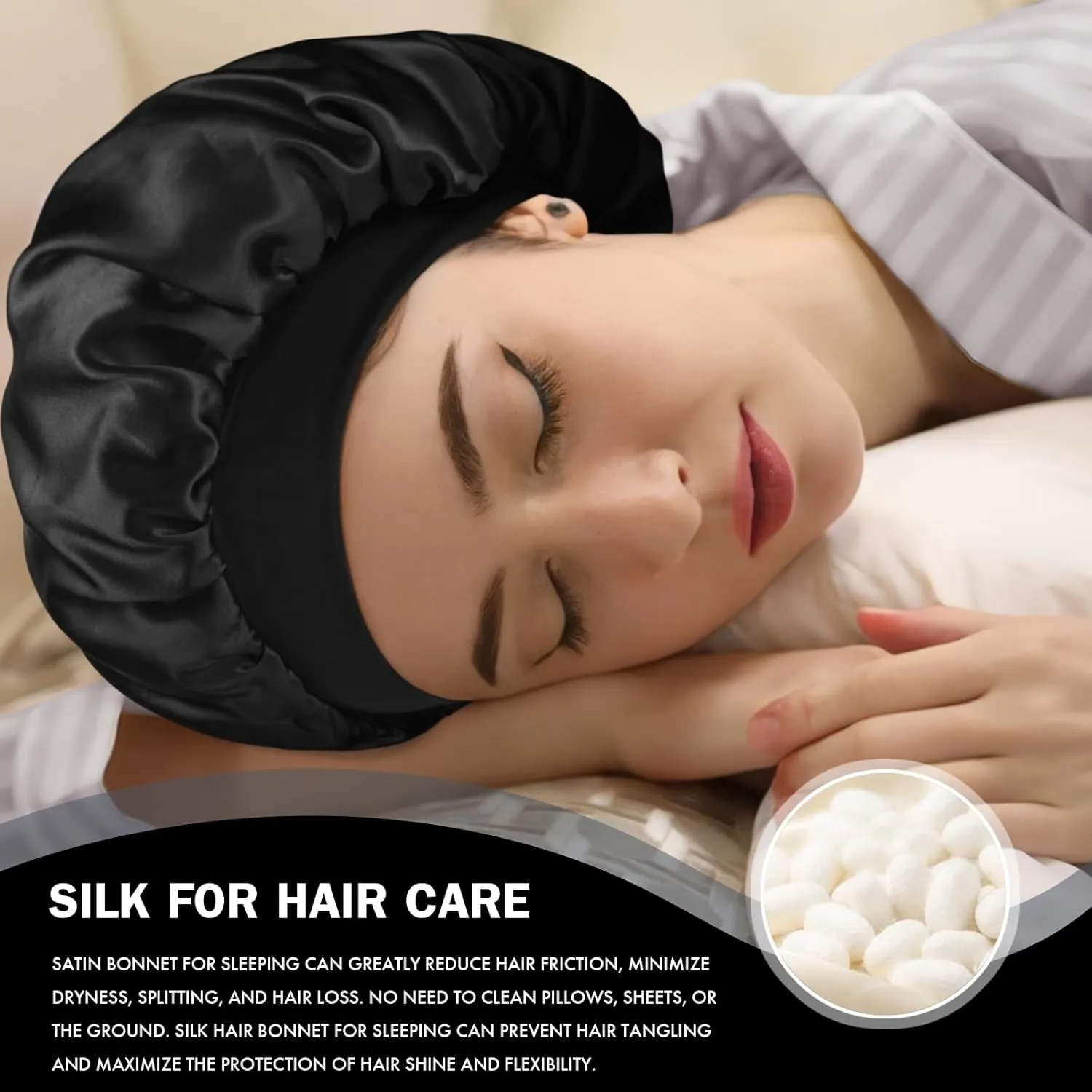 Satin Silk Bonnet for Sleeping, Double Layer Silk Sleep Cap for Men & Women, Soft Satin Lined Bonnet for Natural & Curly Hair(Black)