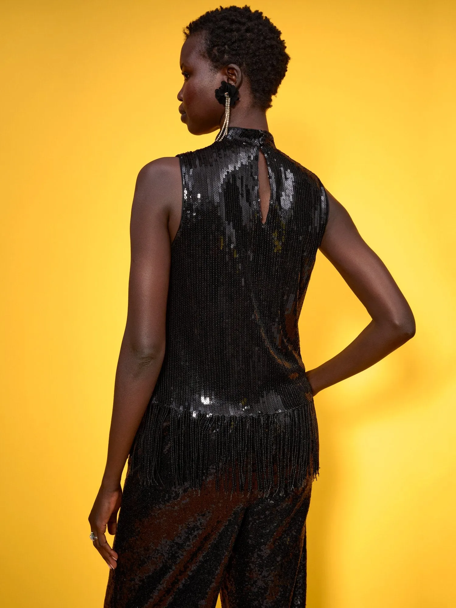 Sequin Fringe Sleeveless Mock-Neck Top