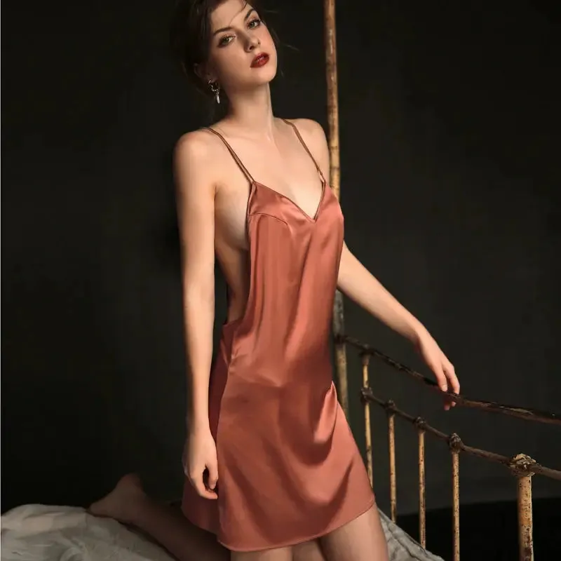 Sexy Pajamas Night Dress Women Sleepwear Deep V Suspender Nightdress Beauty Back Simulation Silk Nightgowns Thin Home Clothes