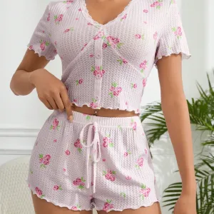 Shawty Knitted Floral Pajamas Set - Pink
