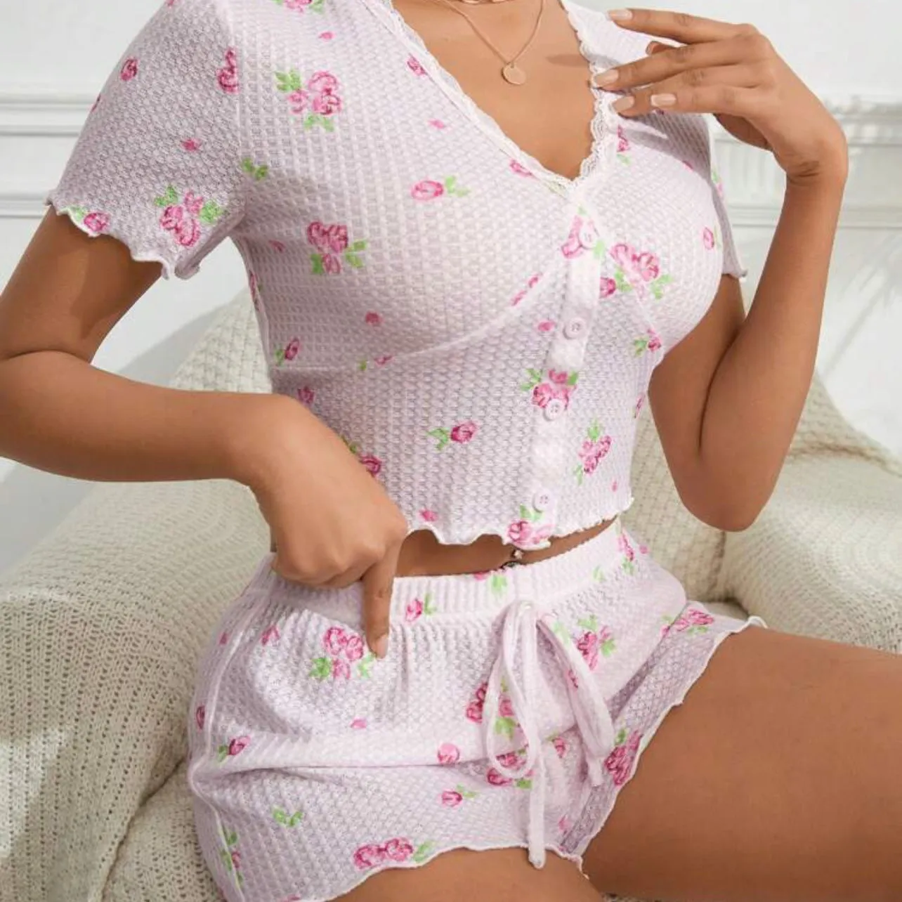 Shawty Knitted Floral Pajamas Set - Pink