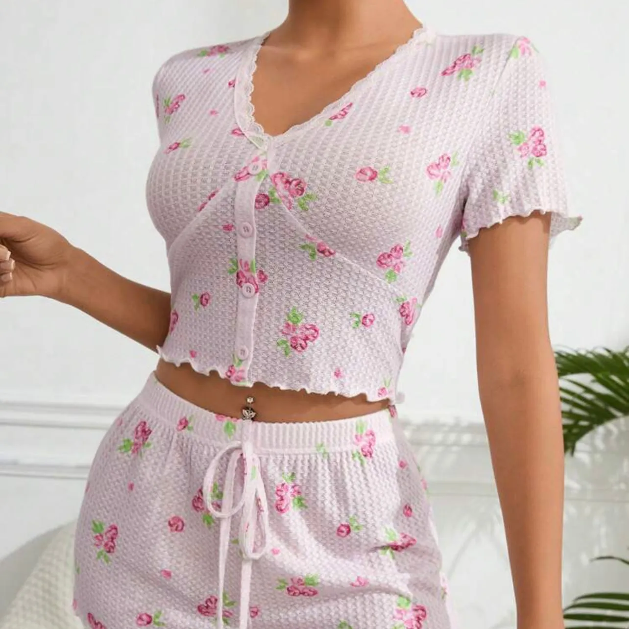 Shawty Knitted Floral Pajamas Set - Pink