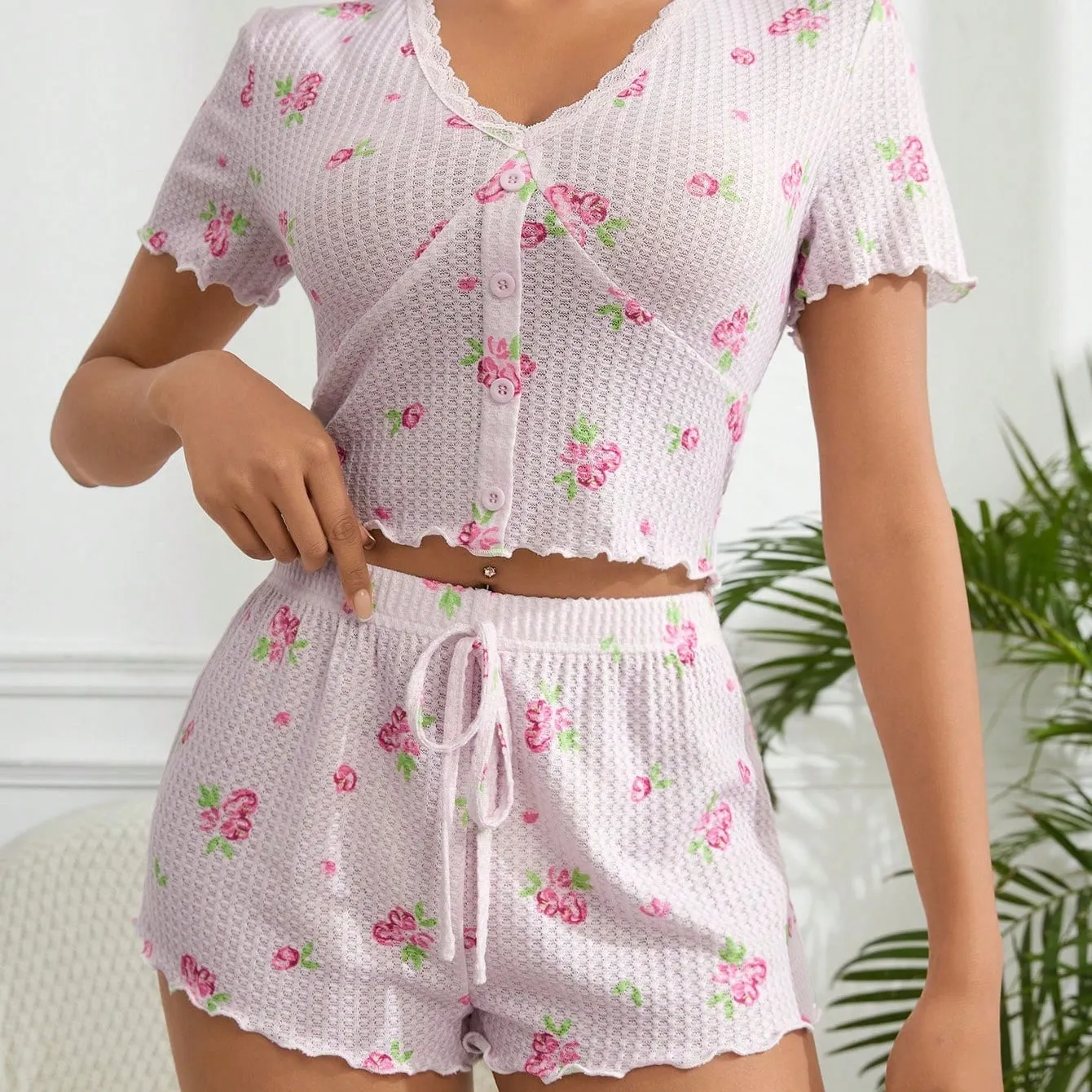 Shawty Knitted Floral Pajamas Set - Pink