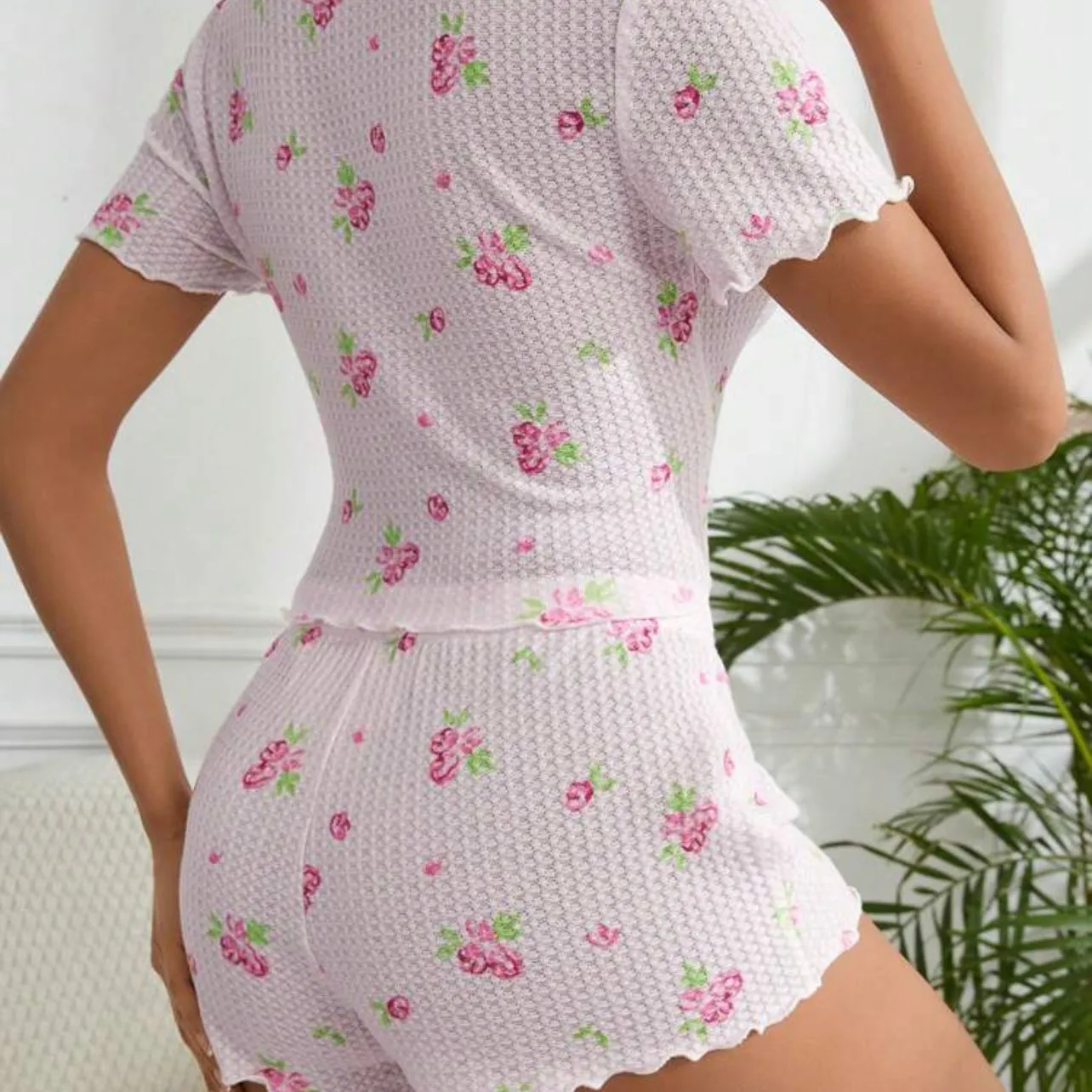 Shawty Knitted Floral Pajamas Set - Pink