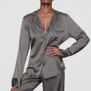 SKIMS Silk Pajama Top Button Front Gunmetal Womens 4X