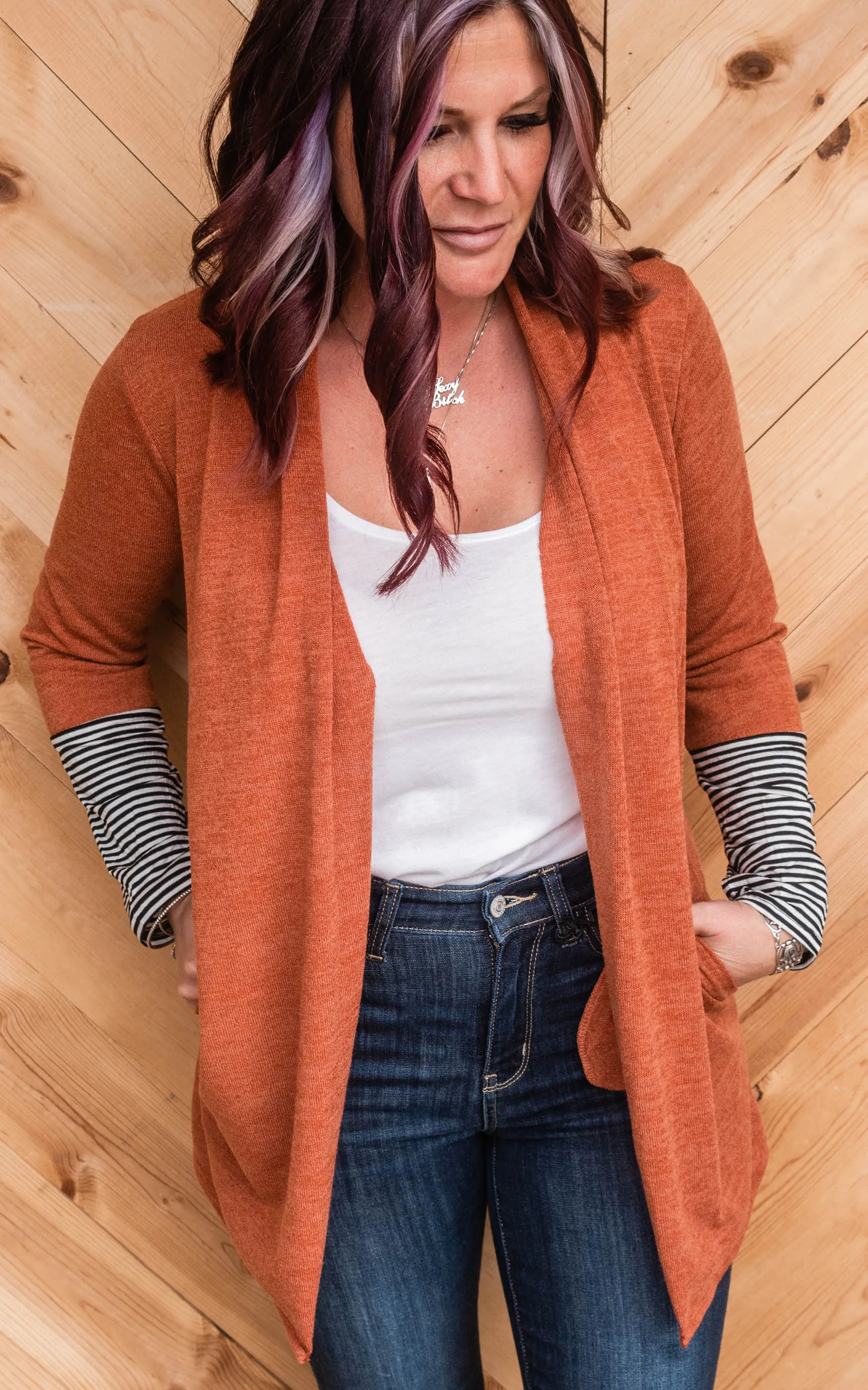 SOLID AND STRIPE OPEN CARDIGAN  | HEIMISH - Final Sale