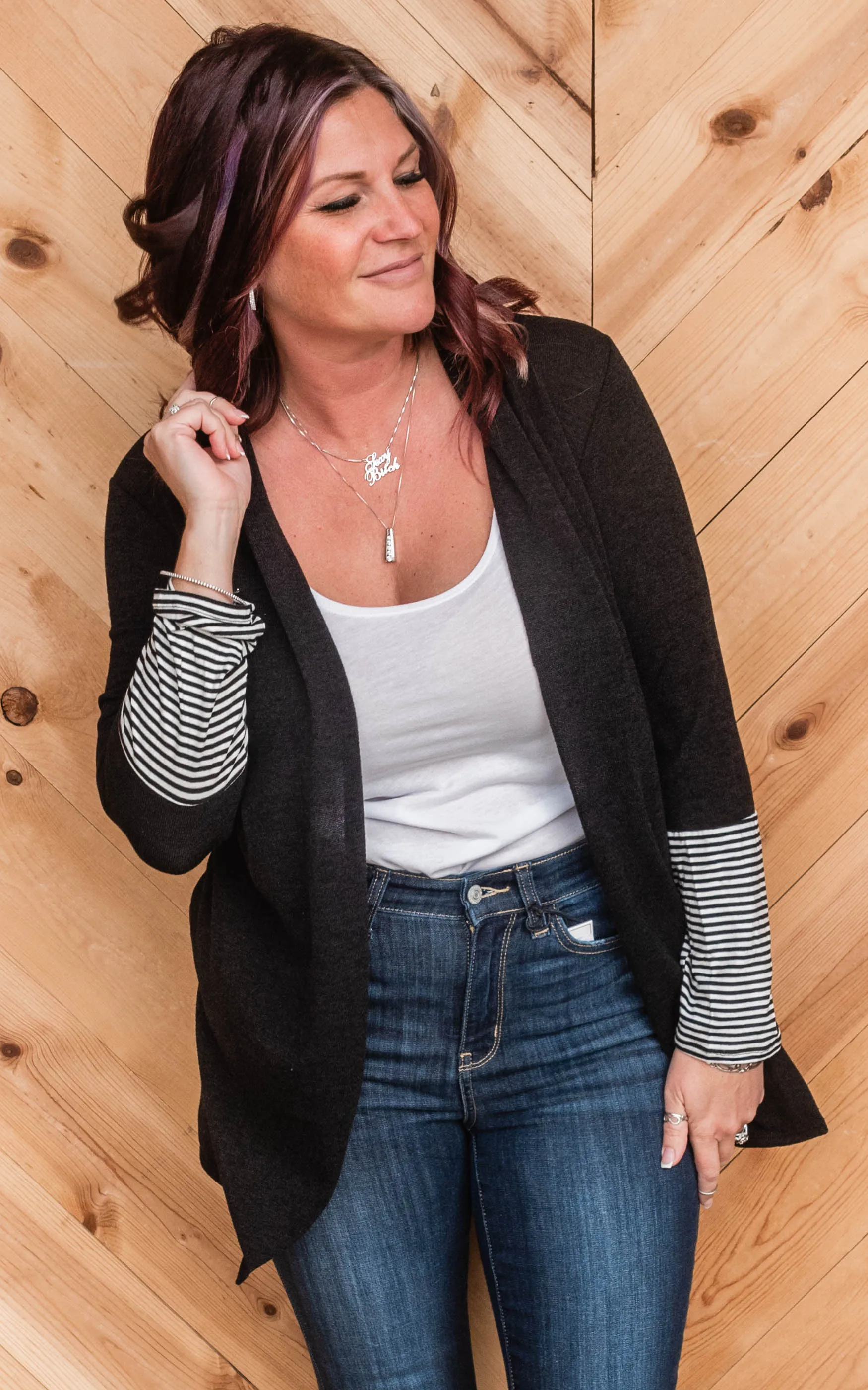 SOLID AND STRIPE OPEN CARDIGAN  | HEIMISH - Final Sale