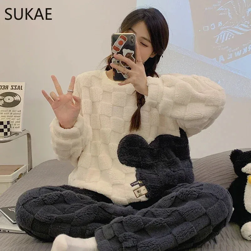 SUKAE HQ Chinese Thick Velvet Winter Women Thermal Pajamas Set Long Sleeves Pijamas Pink Bear Preppy Sleepwear Korean Pyjamas