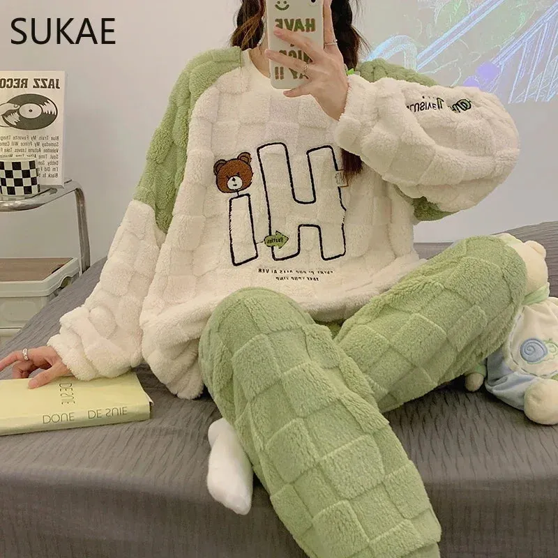 SUKAE HQ Chinese Thick Velvet Winter Women Thermal Pajamas Set Long Sleeves Pijamas Pink Bear Preppy Sleepwear Korean Pyjamas