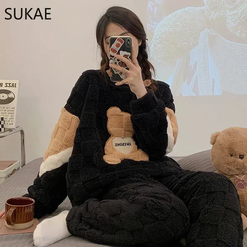SUKAE HQ Chinese Thick Velvet Winter Women Thermal Pajamas Set Long Sleeves Pijamas Pink Bear Preppy Sleepwear Korean Pyjamas